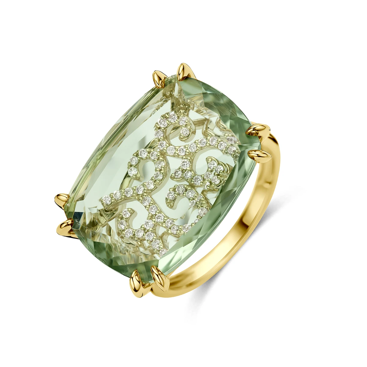 ring groen amethist en diamant 0.79ct h si 14K geelgoud