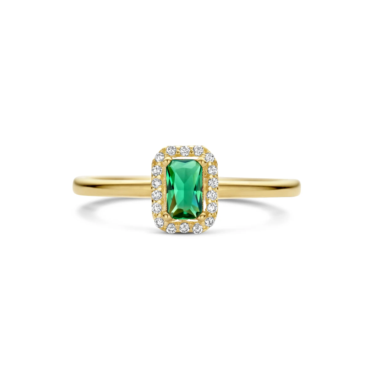 ring groen en wit zirkonia halo 14K geelgoud