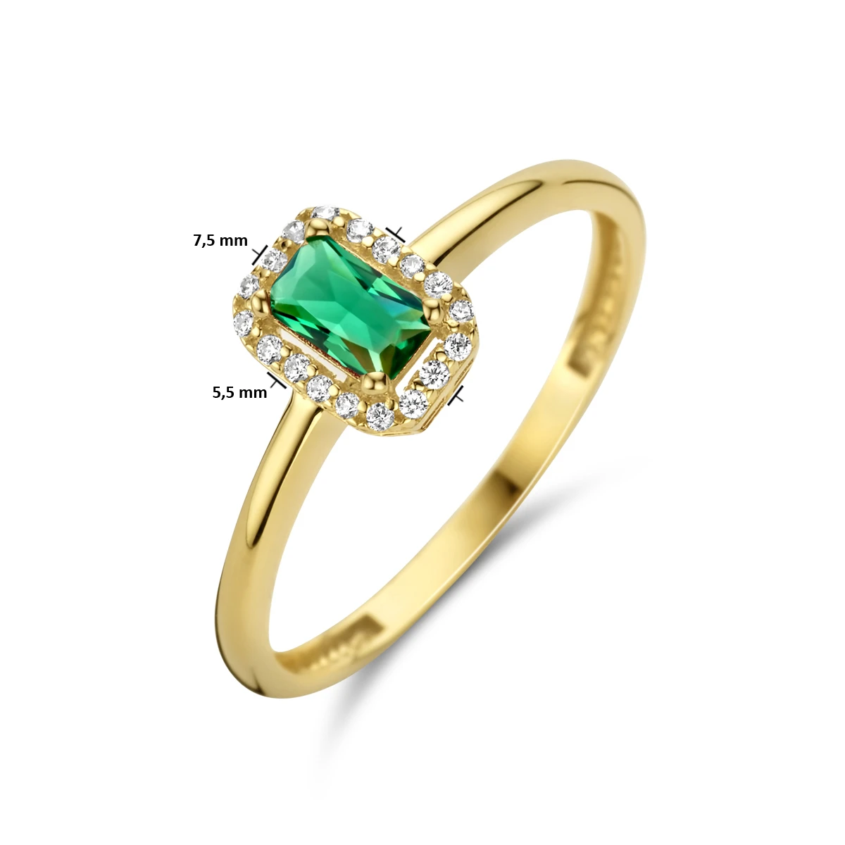 ring groen en wit zirkonia halo 14K geelgoud