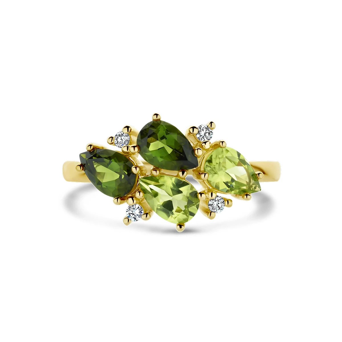 ring groen toermalijn, peridot en diamant 0.06ct h si 14K geelgoud