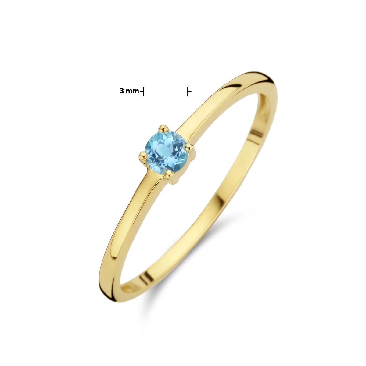 ring met geboortesteen blauw topaas december 14K geelgoud
