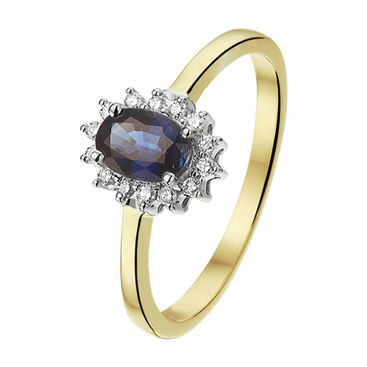 ring saffier en diamant 0.10ct h si halo 14K bicolor goud geel/wit