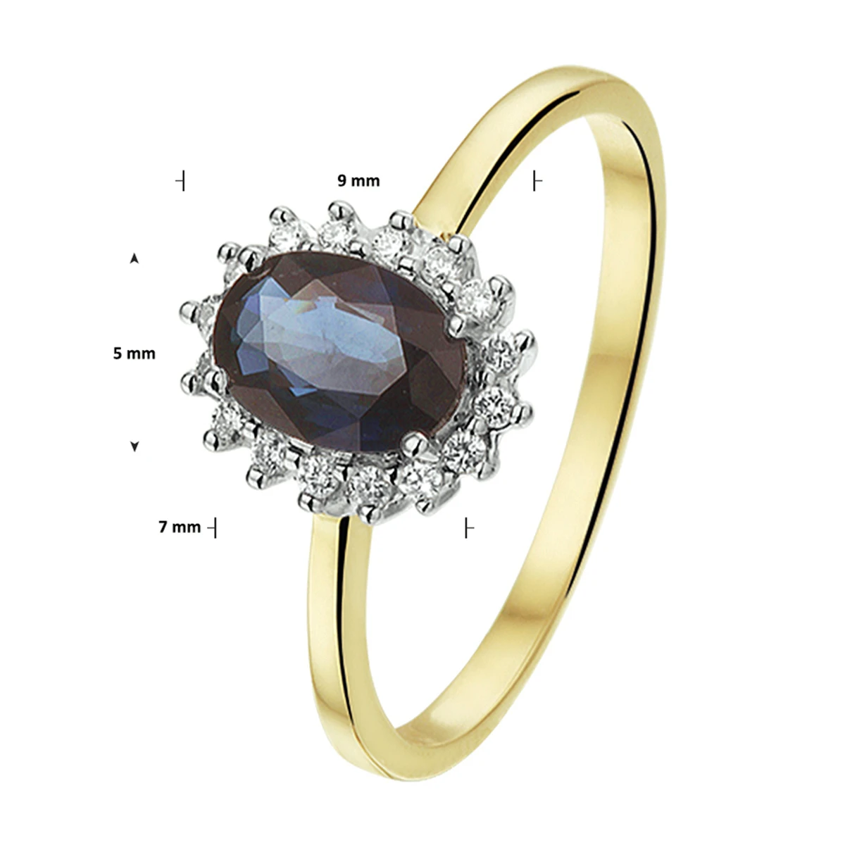 ring saffier en diamant 0.11ct h si halo 14K bicolor goud geel/wit