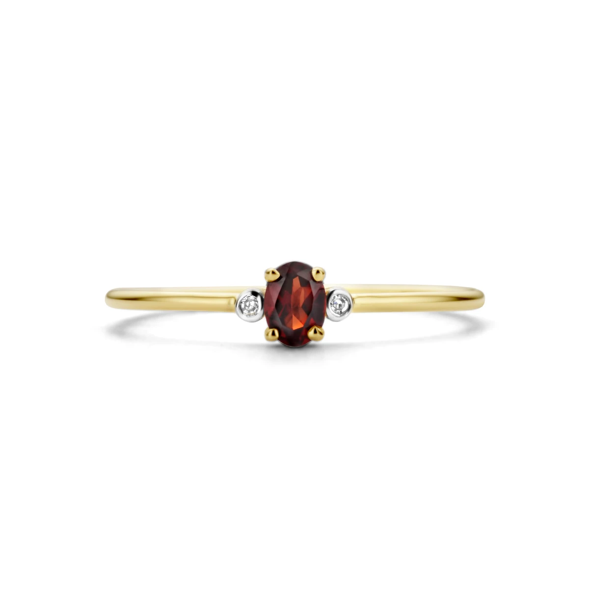 ring trilogie granaat en diamant 0.006ct h p1 14K geelgoud