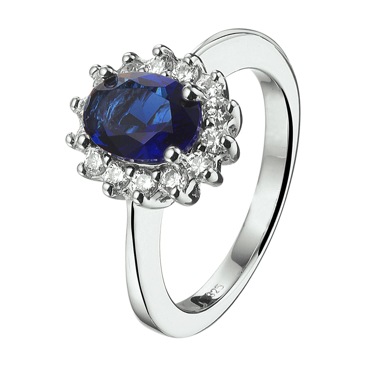 ring zirkonia en synthetische saffier halo zilver gerhodineerd