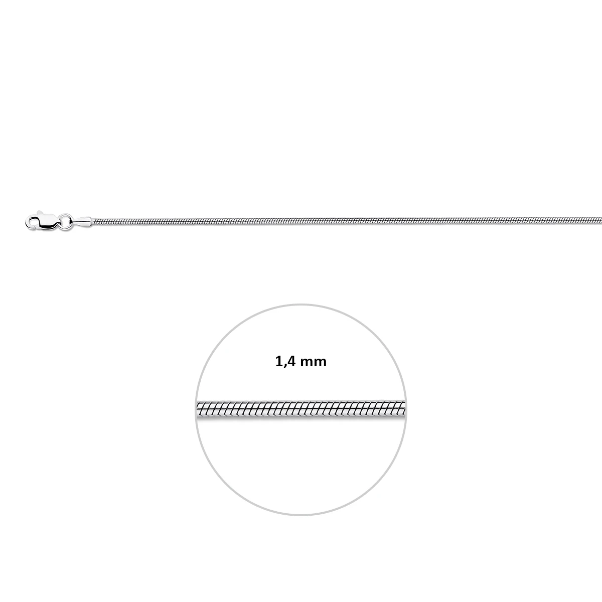 slang rond 1,4 mm zilver gerhodineerd