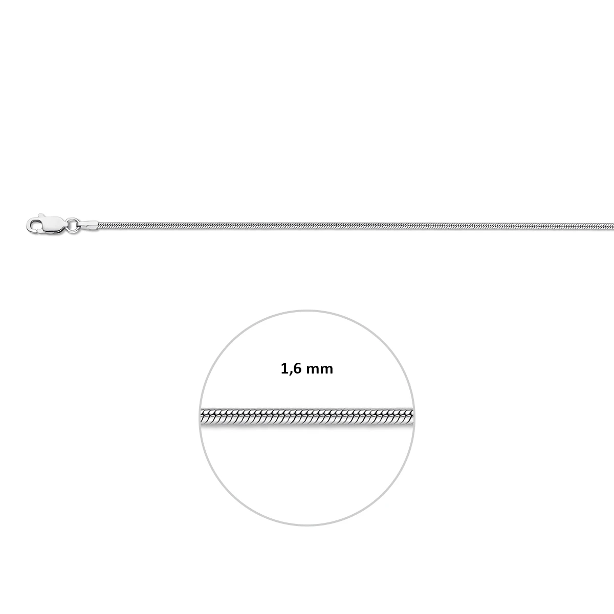 slang rond 1,6 mm zilver gerhodineerd