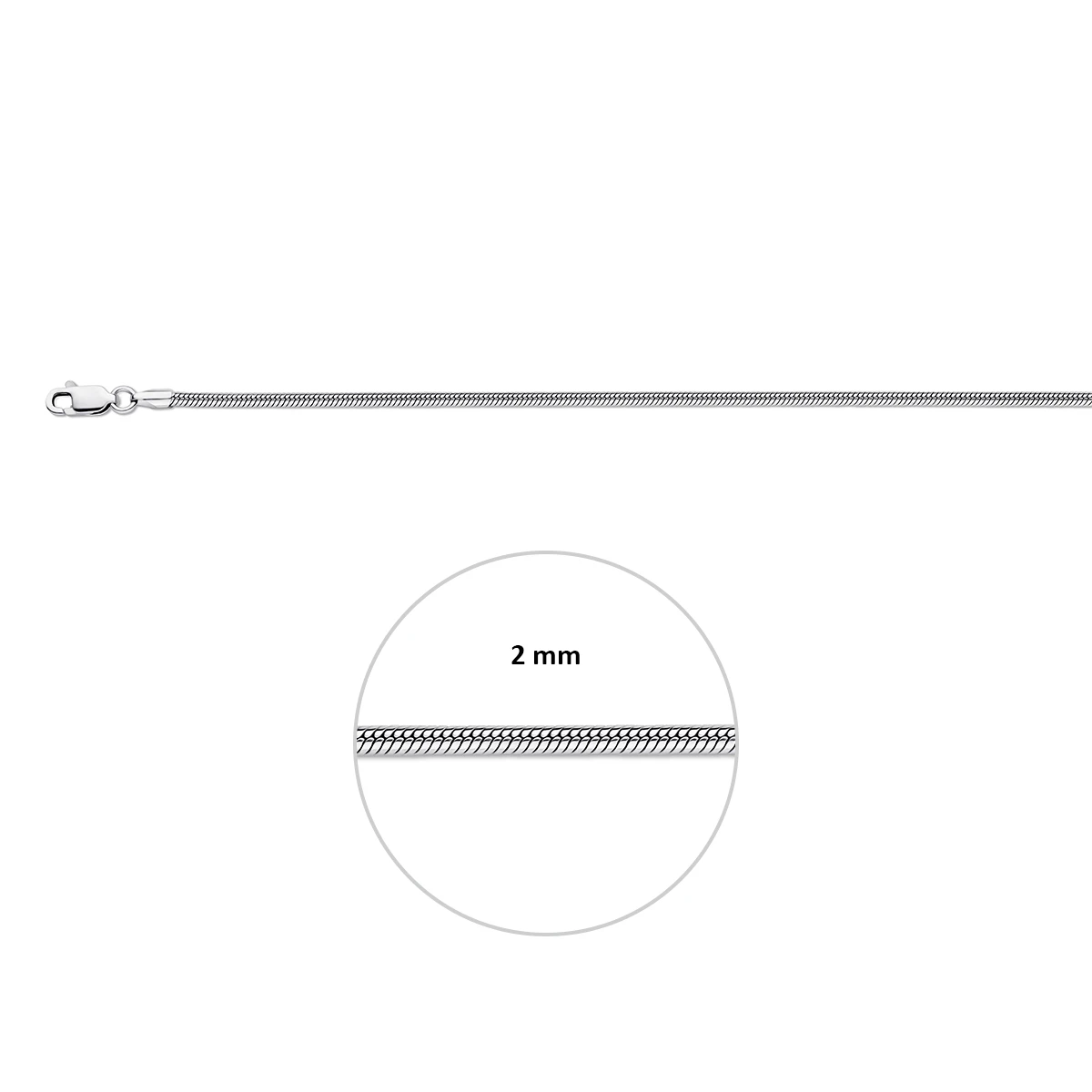 slang rond 2,0 mm zilver gerhodineerd