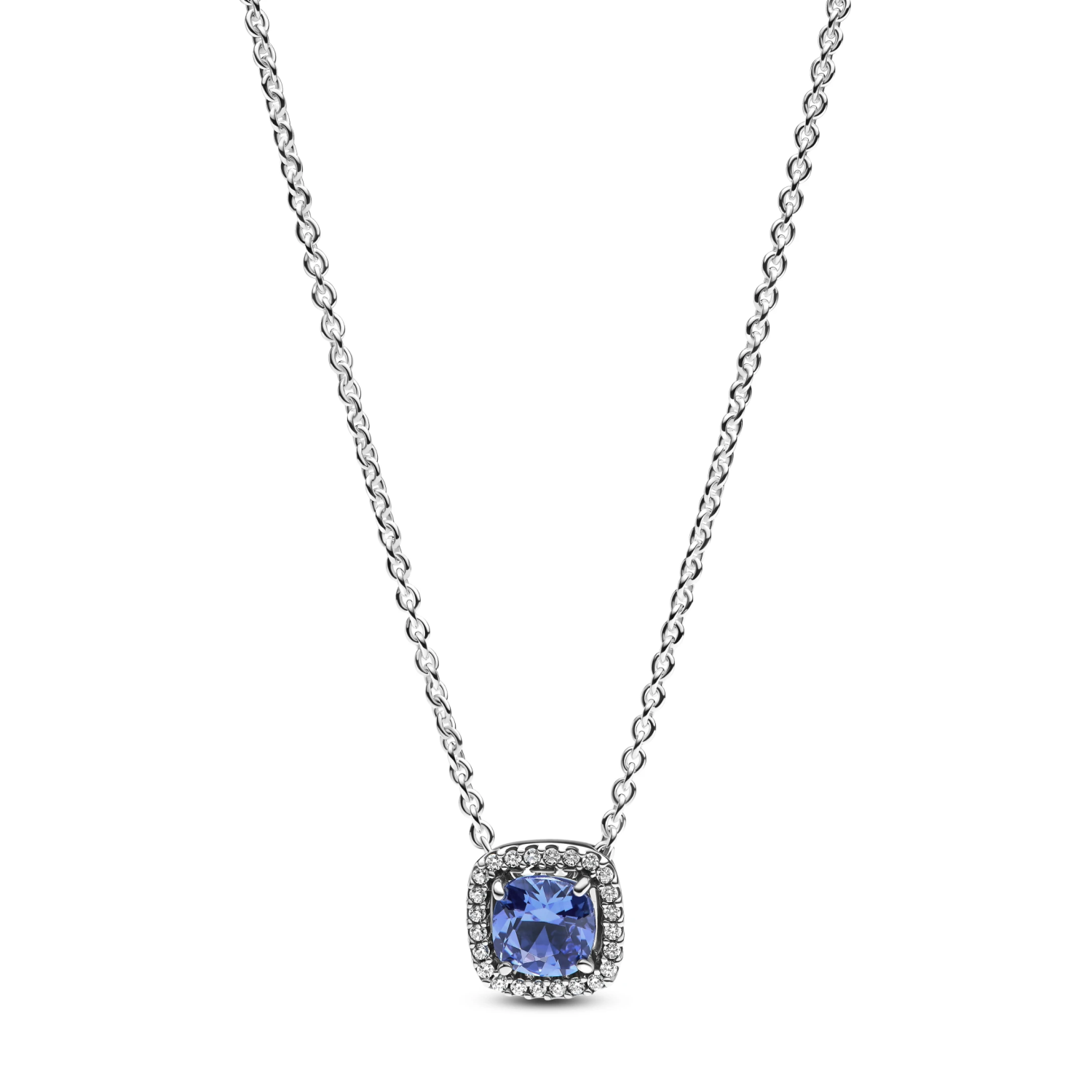 Sprankelende ketting met hanger met vierkante blauwe halo