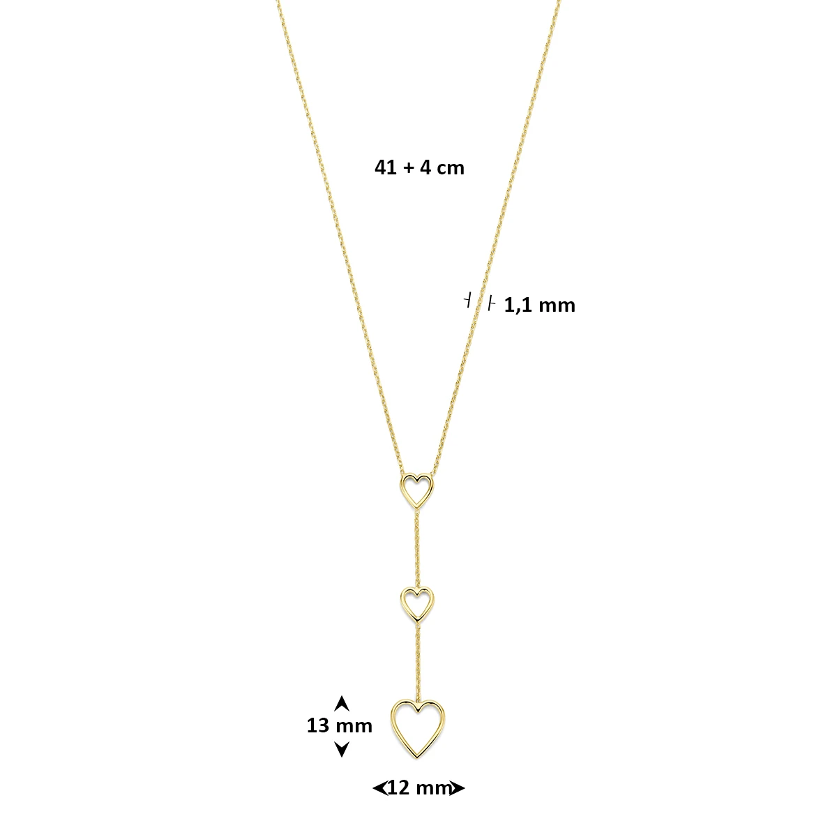 y-collier hartjes 41 + 4 cm 3 micron zilver verguld (geel)