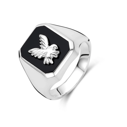 zegelring massief adelaar onyx zilver wit