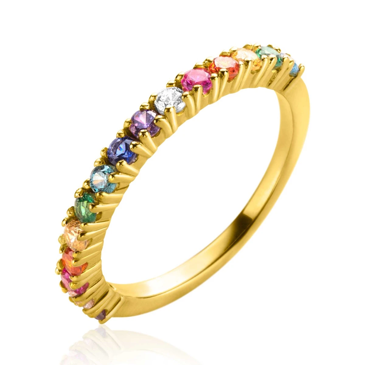 ZINZI gold plated zilveren aanschuifring 2,5mm breed met regenboog aan kleurstenen ZIR2170