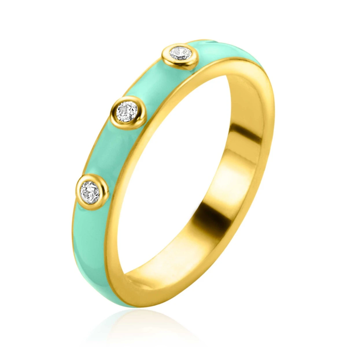 ZINZI gold plated zilveren aanschuifring trendy turquoise emaille en witte zirconia's 3mm ZIR2315T