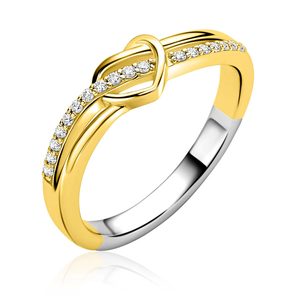 ZINZI gold plated zilveren cross-over ring met een opengewerkt sierlijk hart waarbij een rij witte zirkonia’s vloeiend door de scheen en hart loopt ZIR2874Y
