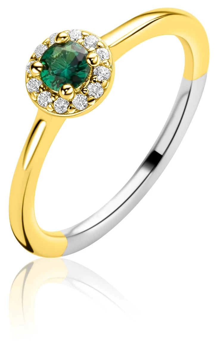 ZINZI gold plated zilveren entourage ring bezet met witte zirkonia's en smaragdgroene kleursteen ZIR2697G