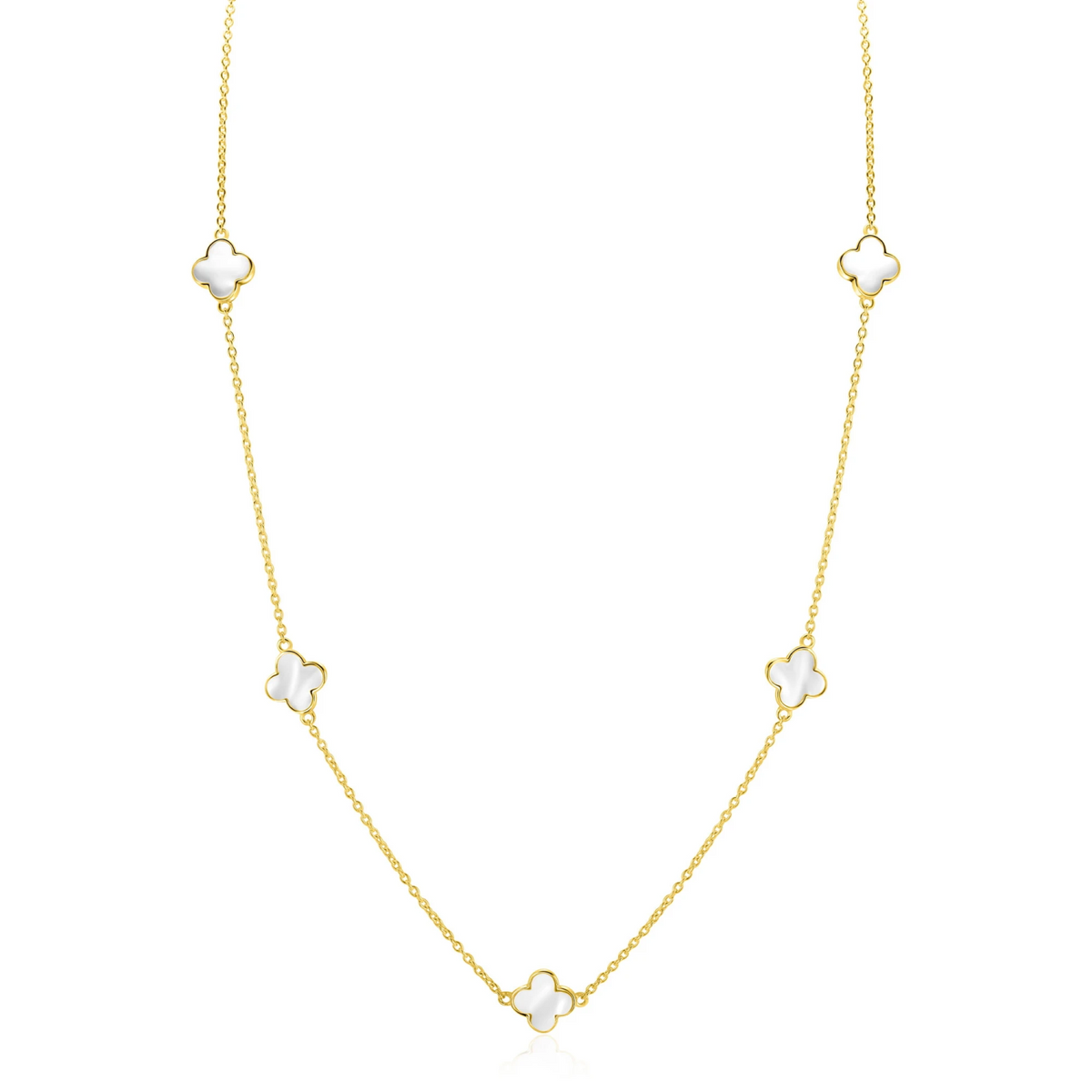 ZINZI gold plated zilveren ketting met vijf klavers 11mm in parelmoer 42-45cm ZIC-BF153