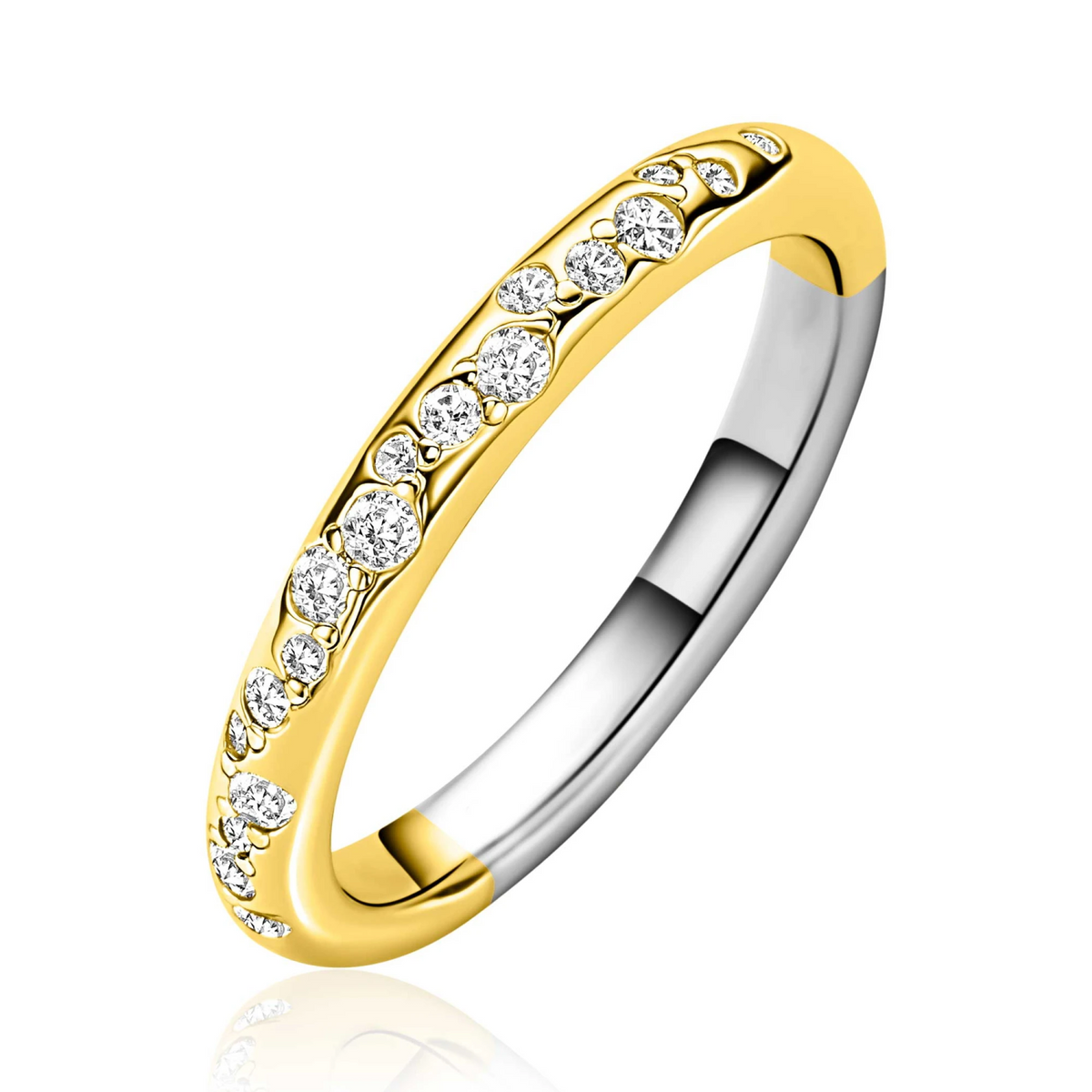 ZINZI gold plated zilveren rijring (3mm breed) met witte zirkonia’s als druppels verwerkt ZIR2871