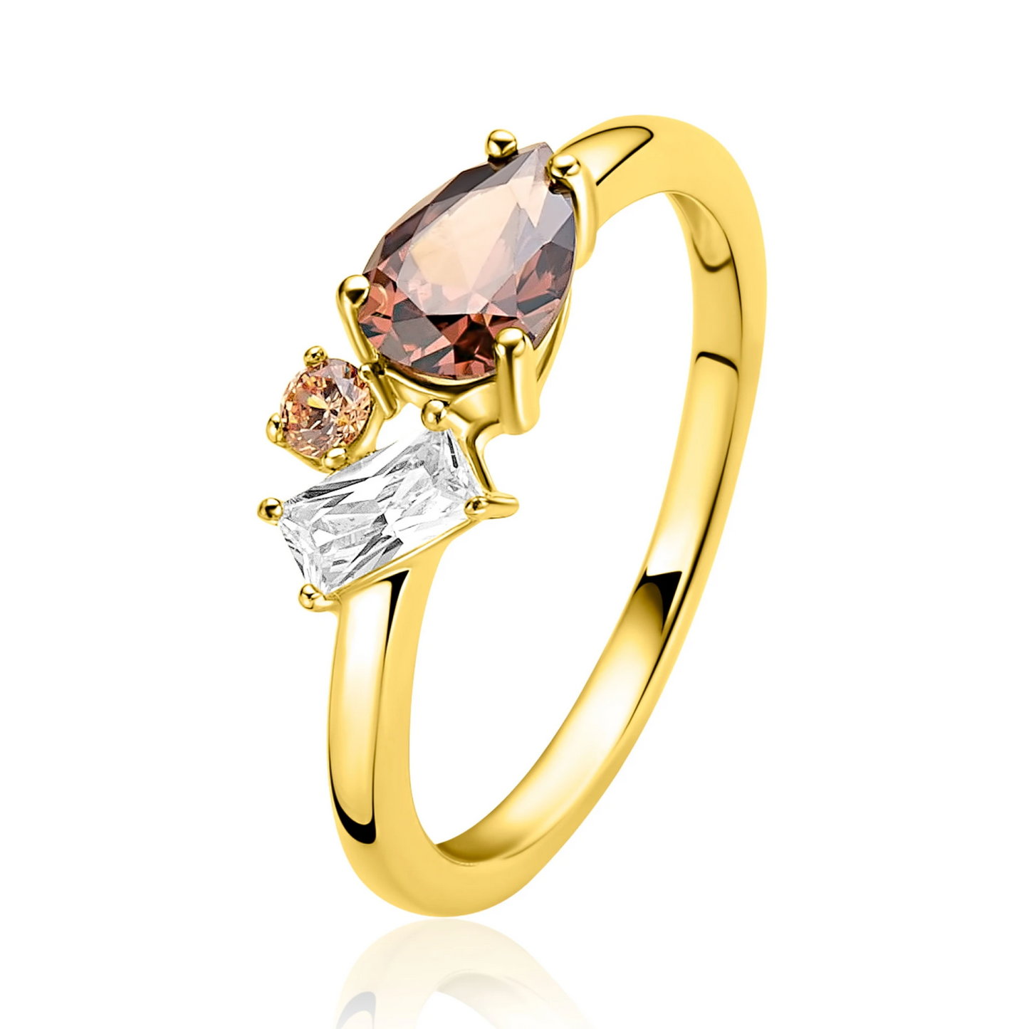 ZINZI gold plated zilveren ring bezet met bruine, champagne en witte zirkonia's ZIRBF142