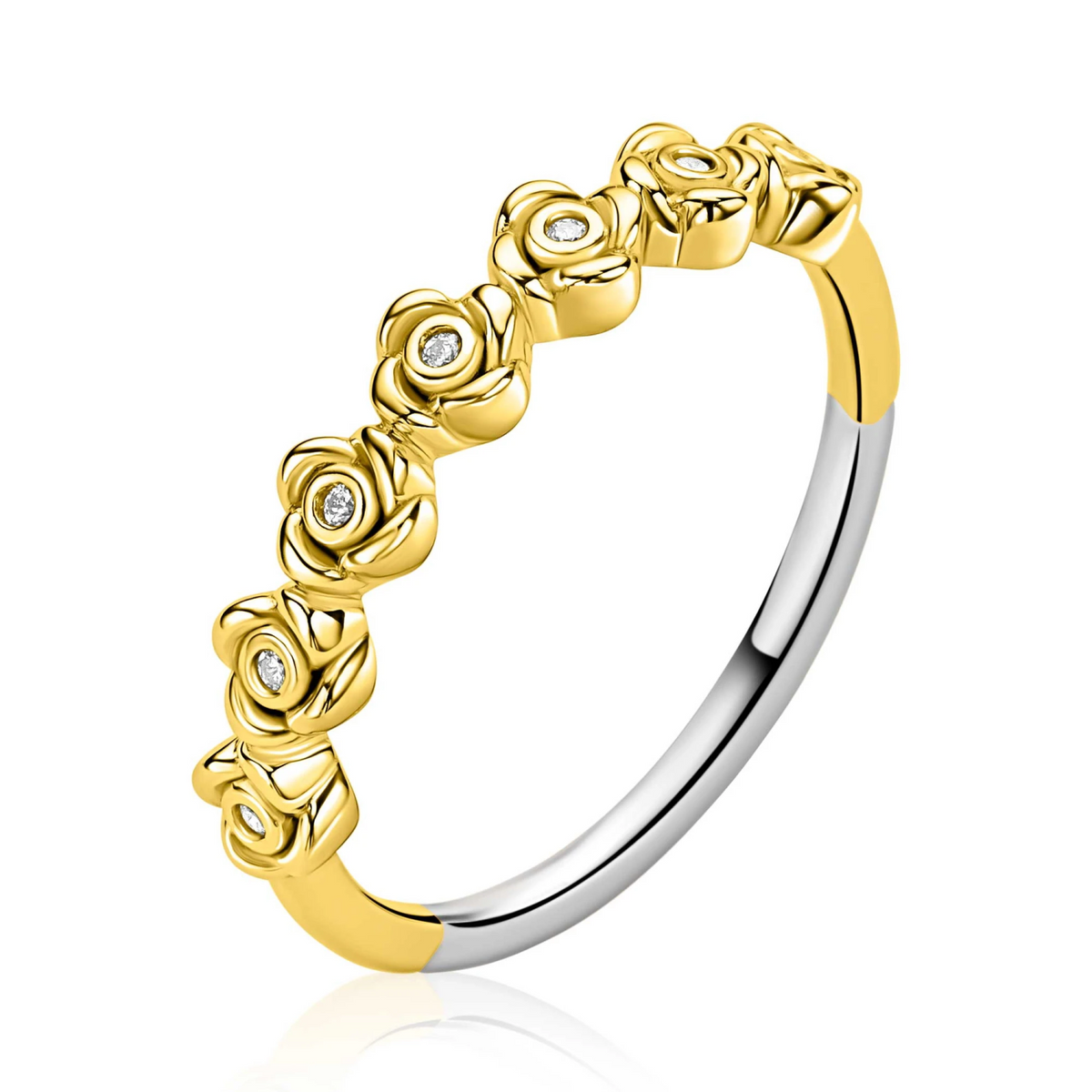 ZINZI gold plated zilveren ring met een rij roosjes bezet met witte zirkonia’s in het midden ZIR2873Y