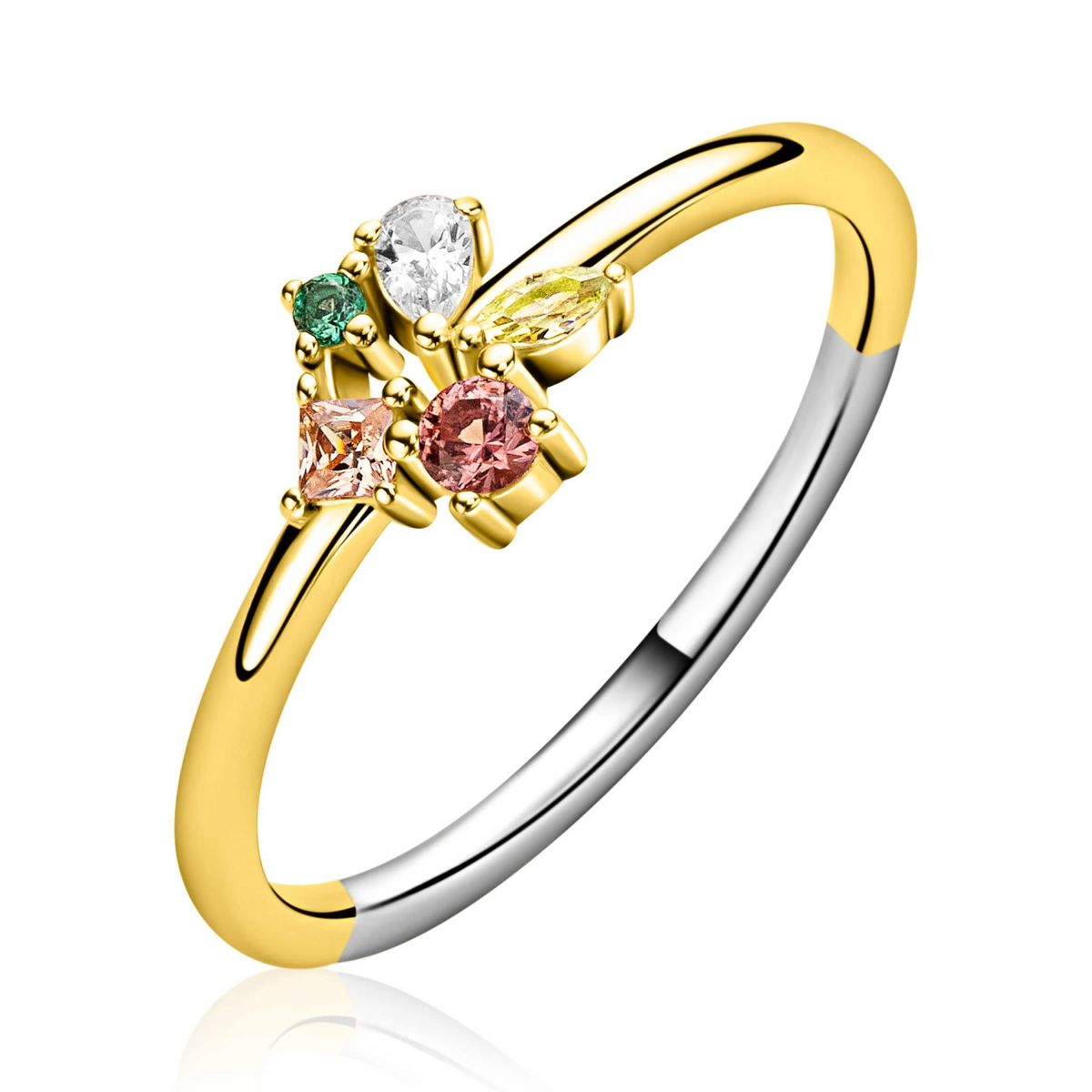 ZINZI gold plated zilveren ring met een speelse combinatie van bruine, groene en witte kleurstenen in verschillende slijpvormen ZIR2867