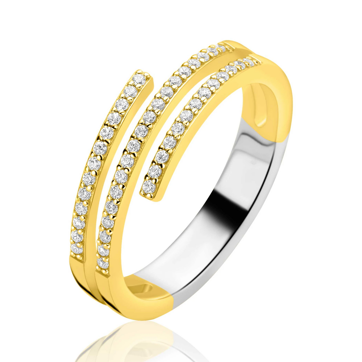 ZINZI goldplated zilveren multi-look ring (6mm breed) met 3 banen bezet met witte zirkonia’s ZIR2727Y
