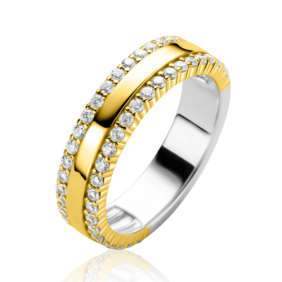 ZINZI goldplated zilveren multi-look ring drie banen, buitenste bezet met witte zirconia's ZIR2445Y