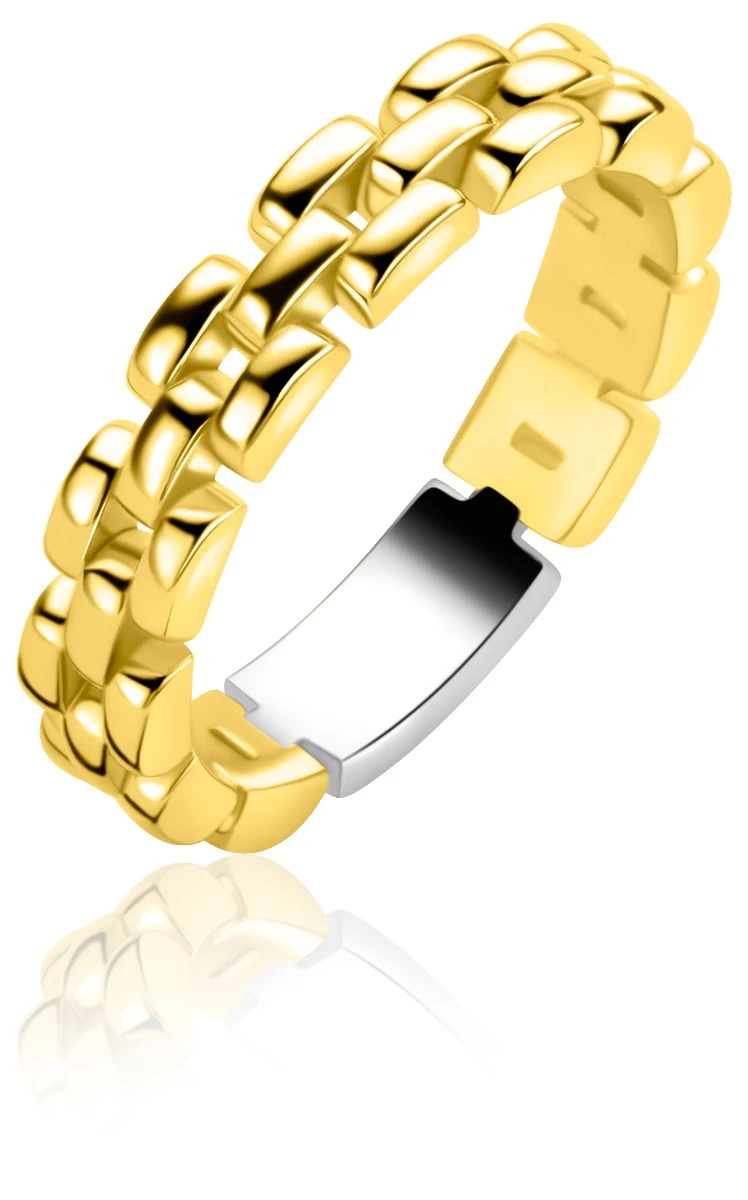 ZINZI goldplated zilveren ring met glanzende rolex-style schakels 4mm breed ZIR2556G