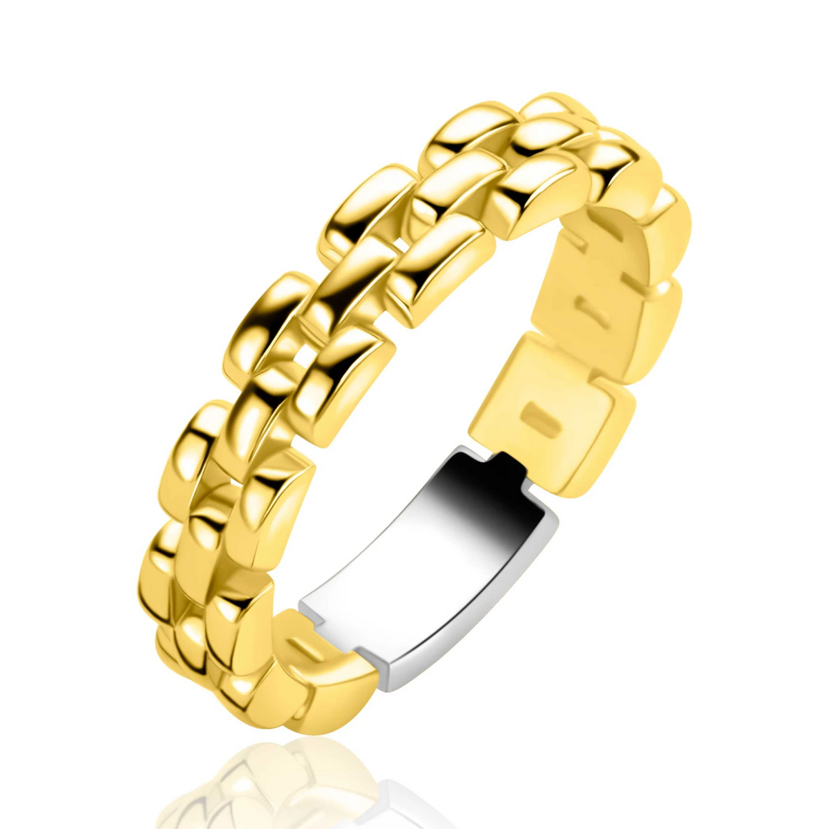 ZINZI goldplated zilveren ring met glanzende rolex-style schakels 4mm breed ZIR2556G