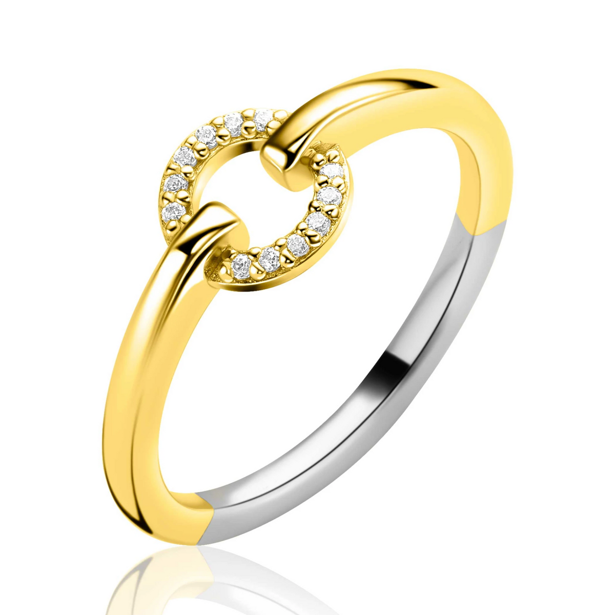 ZINZI goldplated zilveren ring met open ronde vorm bezet met witte zirkonia's ZIR2809