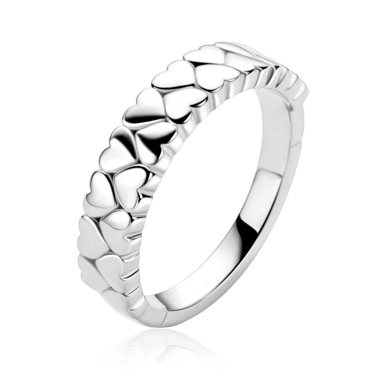 ZINZI zilveren brede ring met twee rijen aaneengeschakelde gladde hartjes ZIR2882