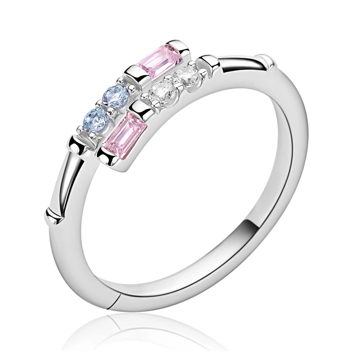 ZINZI zilveren multi-look ring (5mm breed) bezet met witte, roze en lichtblauwe kleurstenen ZIR2868