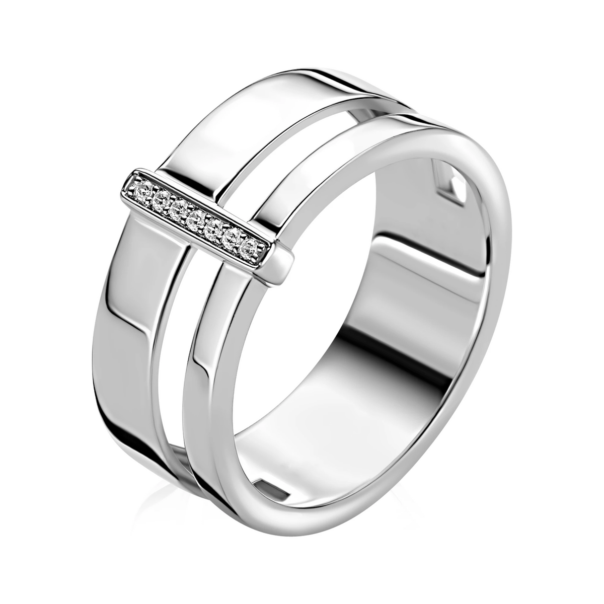 ZINZI zilveren multi-look ring (9mm breed) met 2 banen en verbonden staafje met witte zirkonia’s ZIR2728
