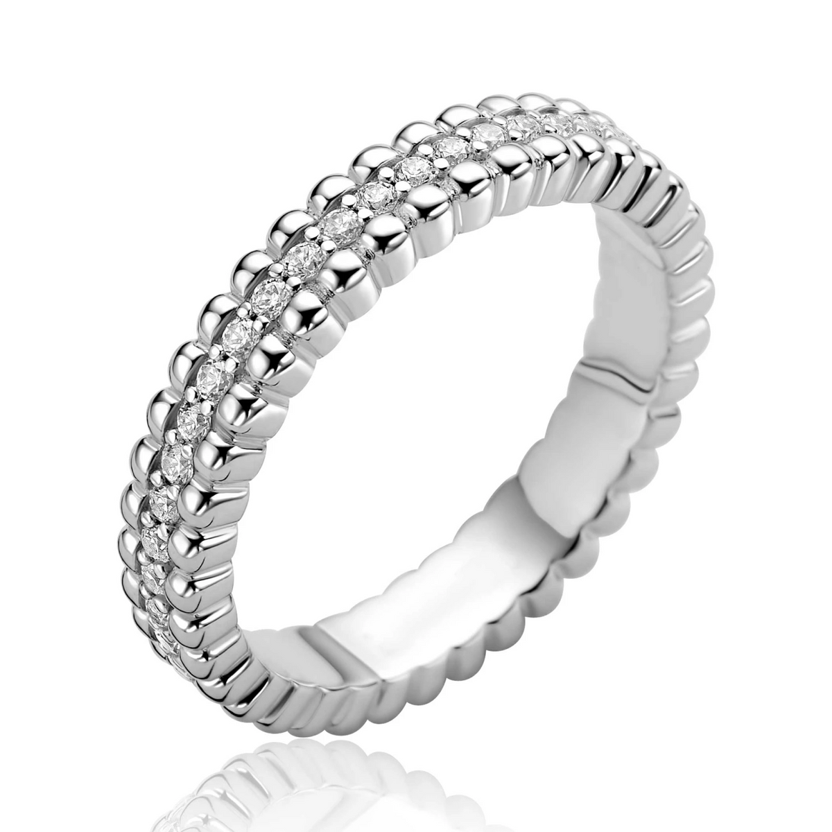 ZINZI zilveren multi-look ring met speelse structuur en een rij witte zirkonia's als middenbaan ZIR2834