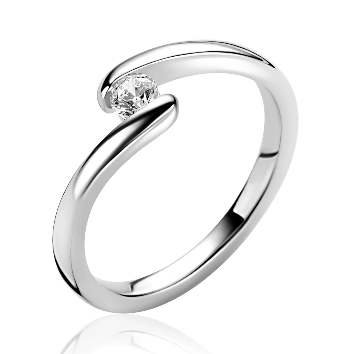 ZINZI zilveren ring (6mm breed) met ronde zirkonia, sierlijk omklemd door twee banen ZIR2766