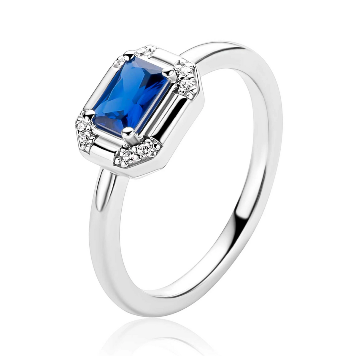 ZINZI zilveren ring met achthoekige zetting en saffierblauwe kleursteen ZIR2803B