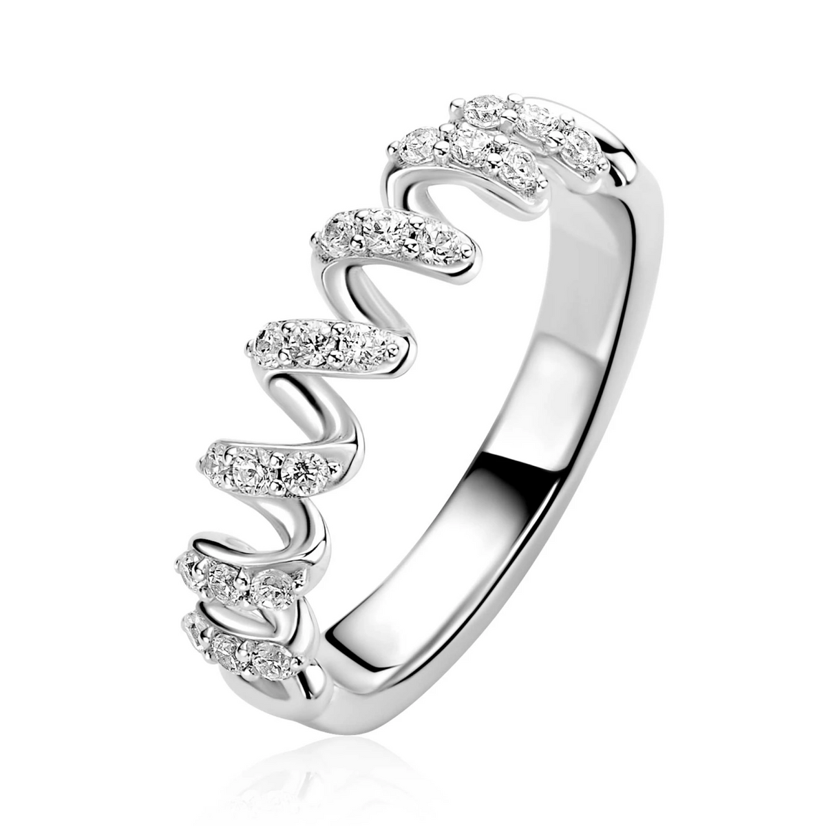 ZINZI zilveren ring met een sierlijk golvend design, bezet met witte zirkonia’s in verfijnde zetting ZIR2877