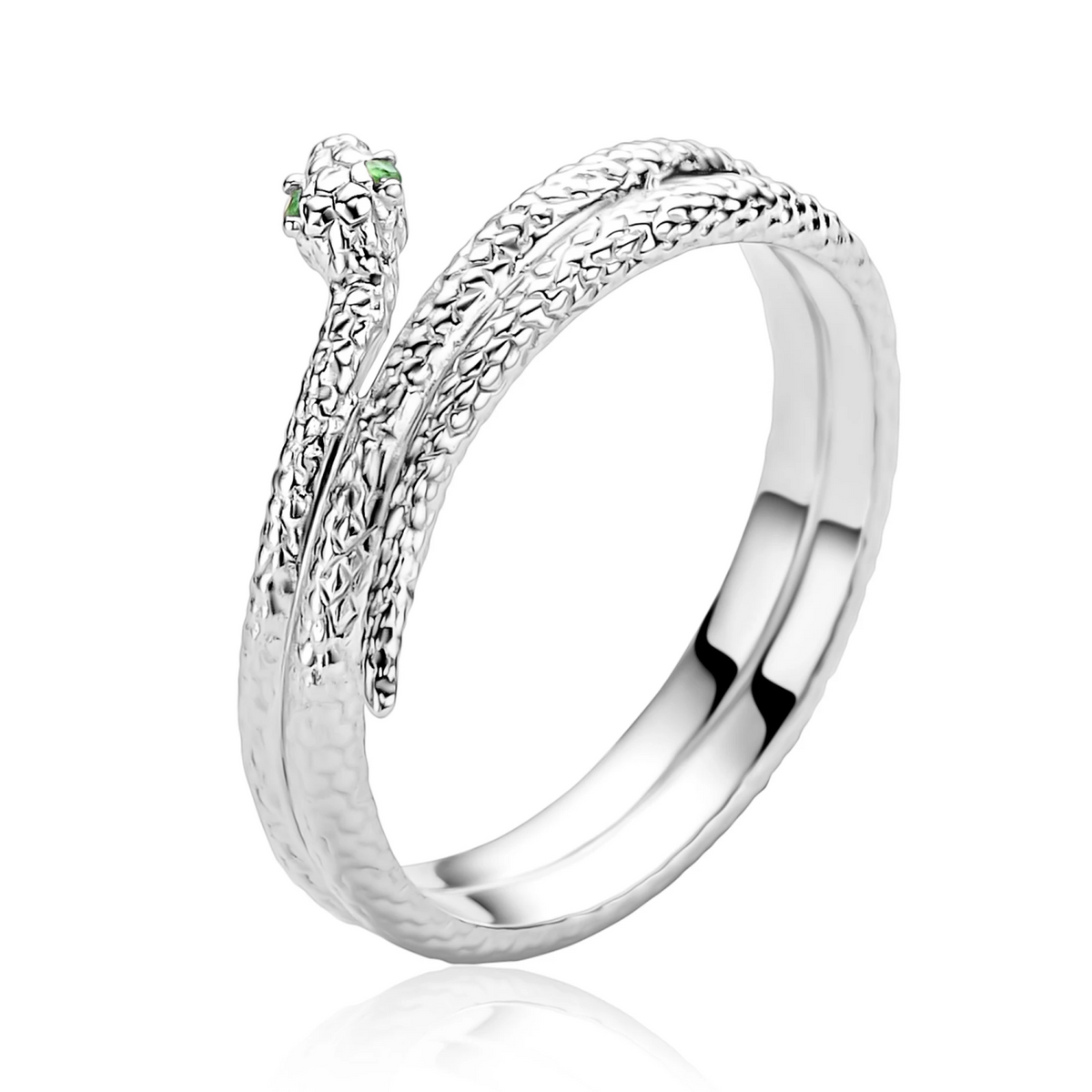 ZINZI zilveren slangenring met groene zirkonia ogen 12mm breed ZIRBF148