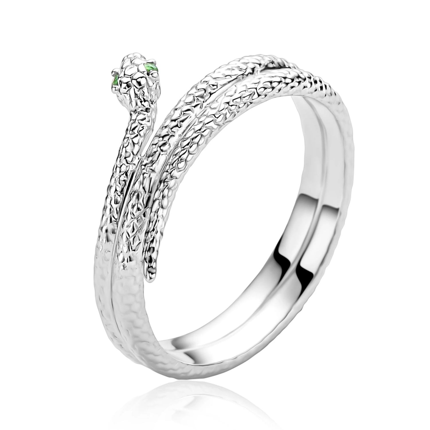 ZINZI zilveren slangenring met groene zirkonia ogen 12mm breed ZIRBF148